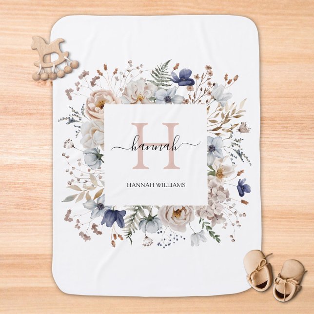 Elegant Monogram Pretty Beige Blue Flowers Floral Baby Blanket (In situ)