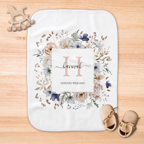 Elegant Monogram Pretty Beige Blue Flowers Floral Baby Burp Cloth