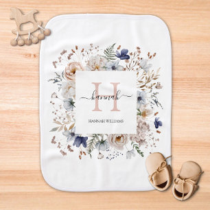 Elegant Monogram Pretty Beige Blue Flowers Floral Baby Burp Cloth