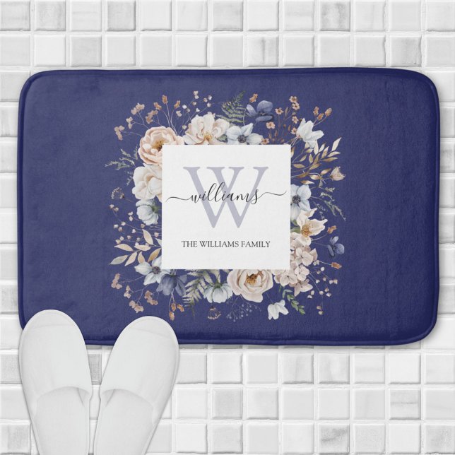 Elegant Monogram Pretty Beige Blue Flowers Floral Bath Mat (In situ)