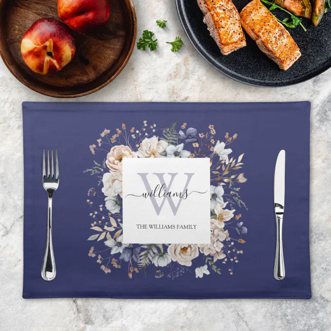 Elegant Monogram Pretty Beige Blue Flowers Floral Cloth Placemat
