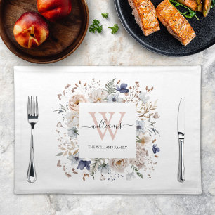 Elegant Monogram Pretty Beige Blue Flowers Floral Cloth Placemat