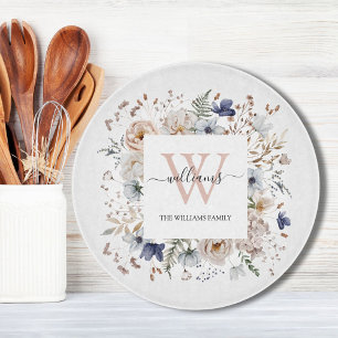 Elegant Monogram Pretty Beige Blue Flowers Floral Cutting Board