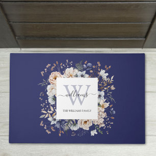Elegant Monogram Pretty Beige Blue Flowers Floral Doormat