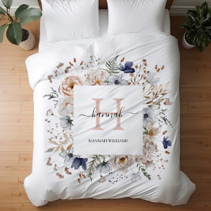 Elegant Monogram Pretty Beige Blue Flowers Floral Duvet Cover