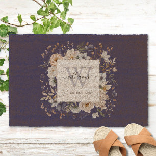 Elegant Monogram Pretty Beige Blue Flowers Floral Fiber Doormat
