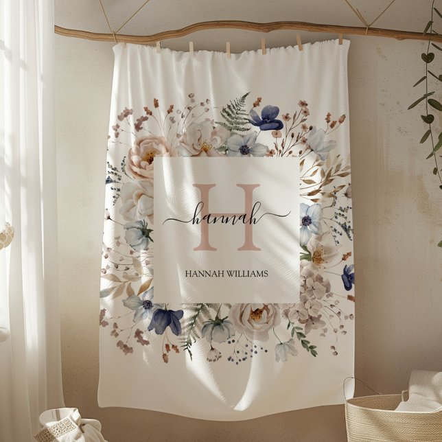 Elegant Monogram Pretty Beige Blue Flowers Floral Fleece Blanket (In situ)