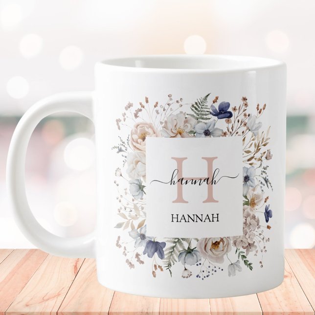 Elegant Monogram Pretty Beige Blue Flowers Floral Giant Coffee Mug (In situ)