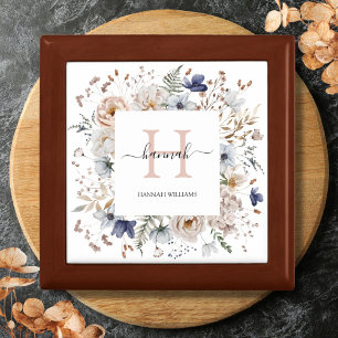 Elegant Monogram Pretty Beige Blue Flowers Floral Gift Box