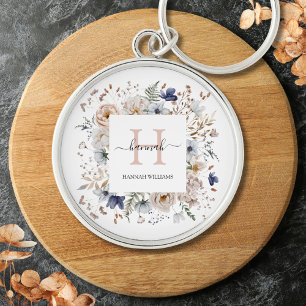 Elegant Monogram Pretty Beige Blue Flowers Floral Keychain