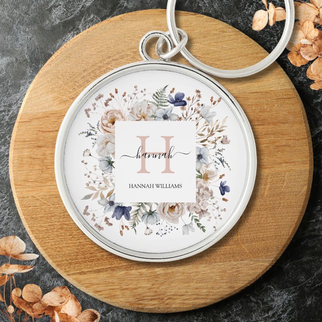 Elegant Monogram Pretty Beige Blue Flowers Floral Keychain (In situ)