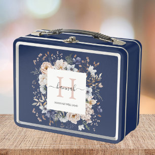 Elegant Monogram Pretty Beige Blue Flowers Floral Metal Lunch Box
