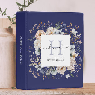 Elegant Monogram Pretty Beige Blue Flowers Floral Mini Binder