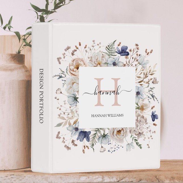 Elegant Monogram Pretty Beige Blue Flowers Floral Mini Binder (In situ)