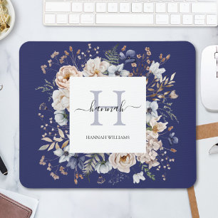 Elegant Monogram Pretty Beige Blue Flowers Floral Mouse Pad