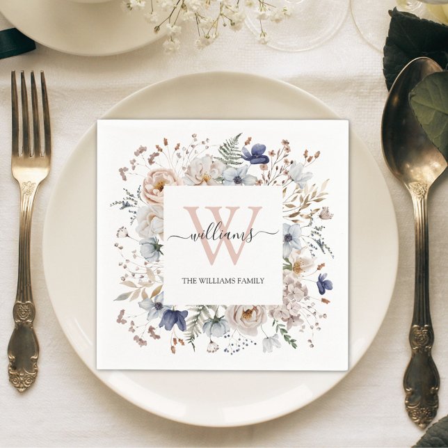 Elegant Monogram Pretty Beige Blue Flowers Floral Napkins (In situ)