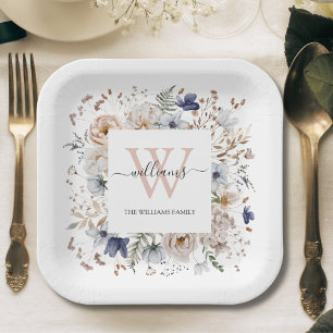 Elegant Monogram Pretty Beige Blue Flowers Floral Paper Plates