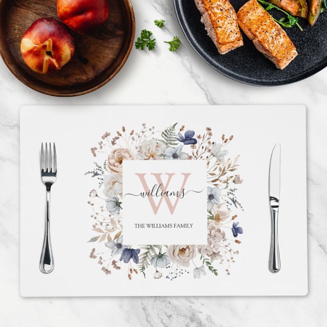 Elegant Monogram Pretty Beige Blue Flowers Floral Placemat (In situ)