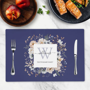 Elegant Monogram Pretty Beige Blue Flowers Floral Placemat