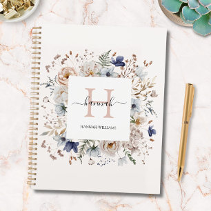 Elegant Monogram Pretty Beige Blue Flowers Floral Planner