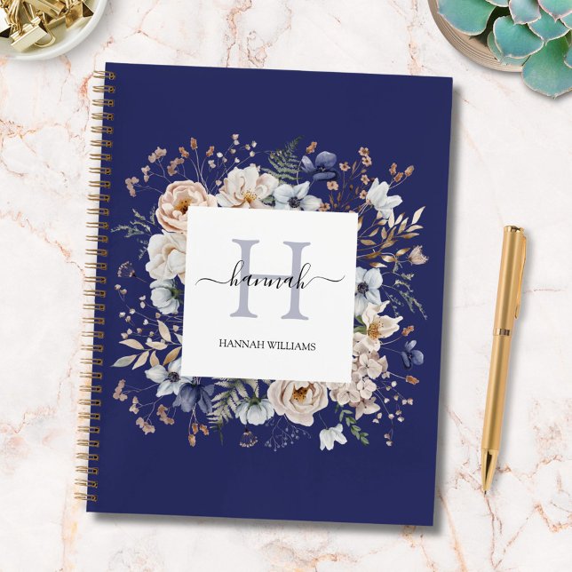 Elegant Monogram Pretty Beige Blue Flowers Floral Planner (In situ)