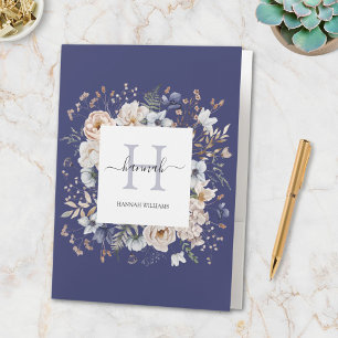 Elegant Monogram Pretty Beige Blue Flowers Floral Pocket Folder