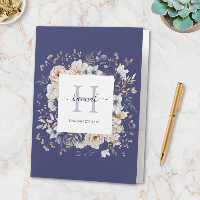 Elegant Monogram Pretty Beige Blue Flowers Floral Pocket Folder (In situ)