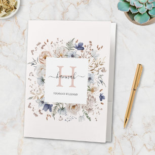 Elegant Monogram Pretty Beige Blue Flowers Floral Pocket Folder