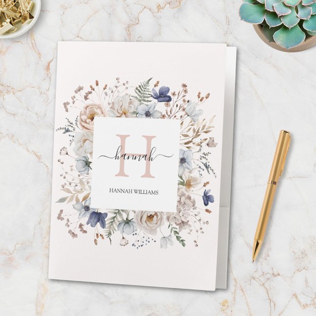 Elegant Monogram Pretty Beige Blue Flowers Floral Pocket Folder (In situ)