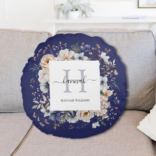 Elegant Monogram Pretty Beige Blue Flowers Floral Round Pillow