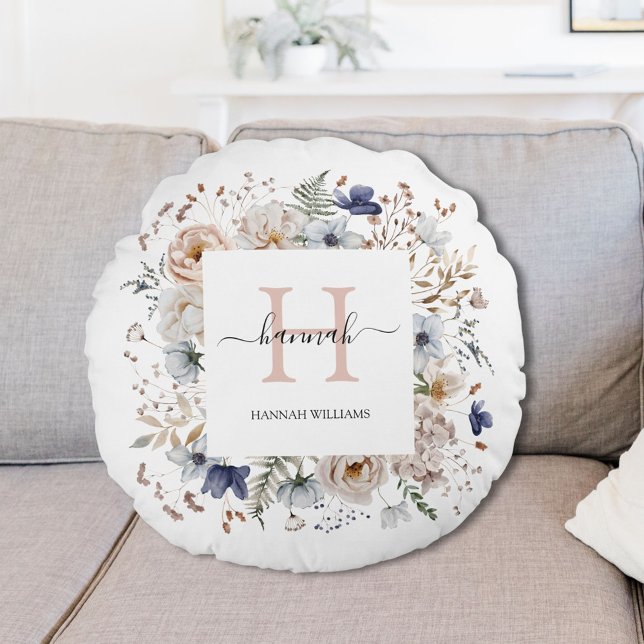 Elegant Monogram Pretty Beige Blue Flowers Floral Round Pillow (In situ)