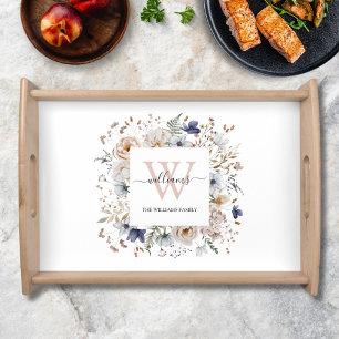 Elegant Monogram Pretty Beige Blue Flowers Floral Serving Tray