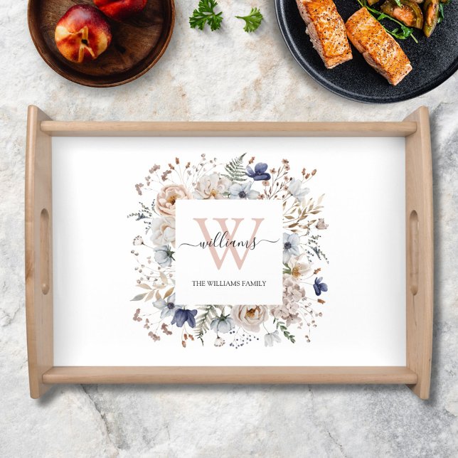 Elegant Monogram Pretty Beige Blue Flowers Floral Serving Tray (In situ)