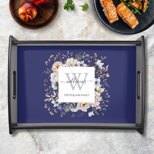 Elegant Monogram Pretty Beige Blue Flowers Floral Serving Tray