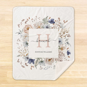 Elegant Monogram Pretty Beige Blue Flowers Floral Sherpa Blanket