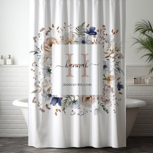 Elegant Monogram Pretty Beige Blue Flowers Floral Shower Curtain