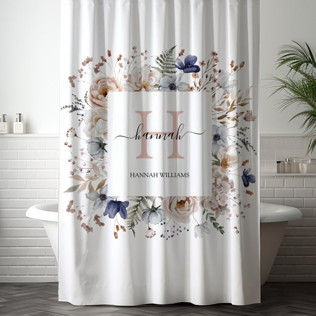 Elegant Monogram Pretty Beige Blue Flowers Floral Shower Curtain (In situ)
