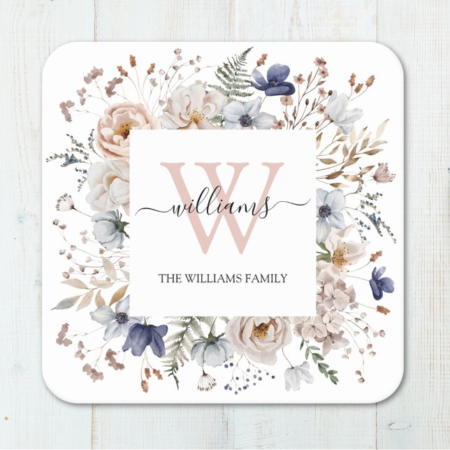 Elegant Monogram Pretty Beige Blue Flowers Floral Square Paper Coaster (In situ)