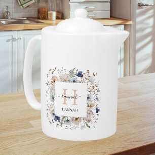 Elegant Monogram Pretty Beige Blue Flowers Floral Teapot