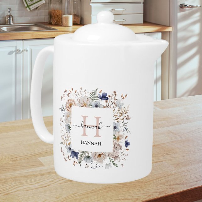 Elegant Monogram Pretty Beige Blue Flowers Floral Teapot (In situ)