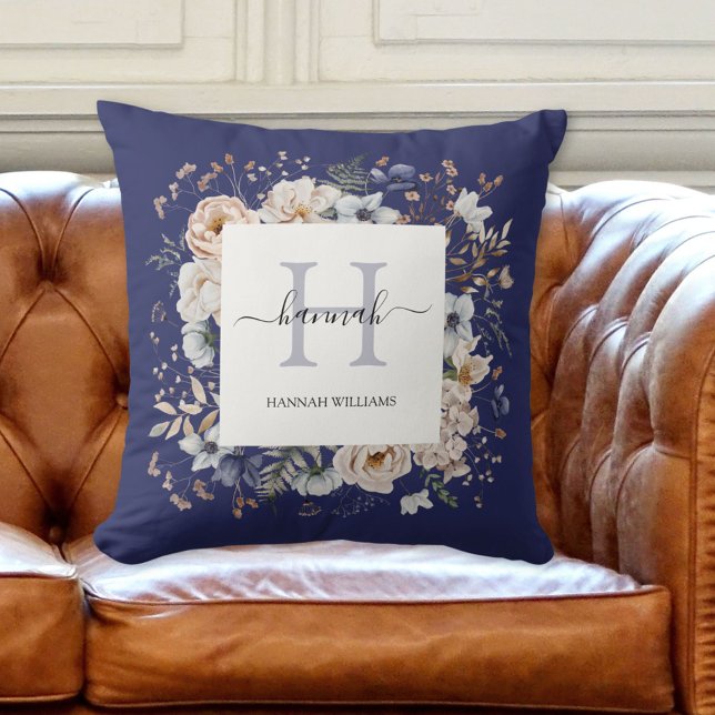 Elegant Monogram Pretty Beige Blue Flowers Floral Throw Pillow (In situ 2)
