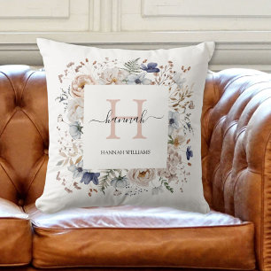 Elegant Monogram Pretty Beige Blue Flowers Floral Throw Pillow