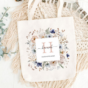 Elegant Monogram Pretty Beige Blue Flowers Floral Tote Bag