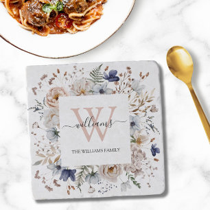 Elegant Monogram Pretty Beige Blue Flowers Floral Trivet