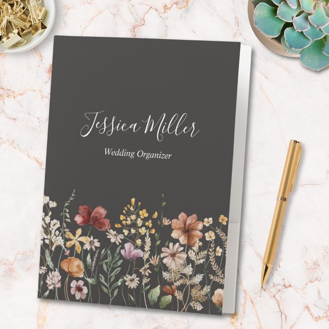 Elegant Monogram Pretty Watercolor Wildflower  Pocket Folder (In situ)