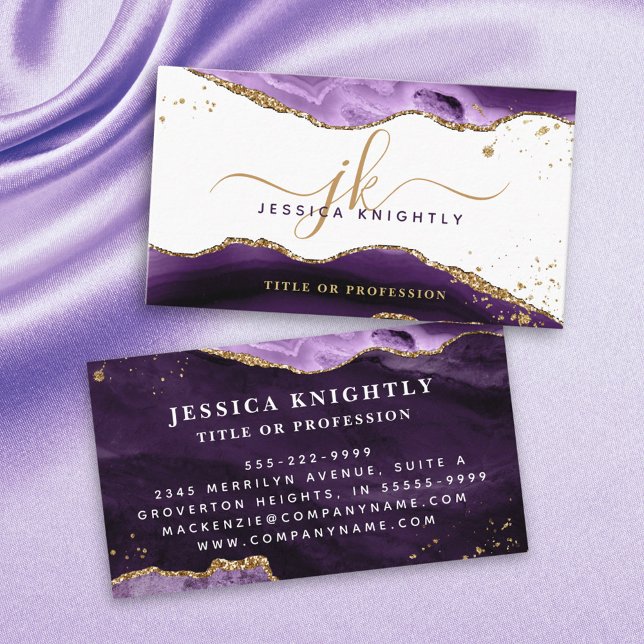 Elegant Monogram Purple Agate Gold Glitter Business Card (Creator Uploaded)