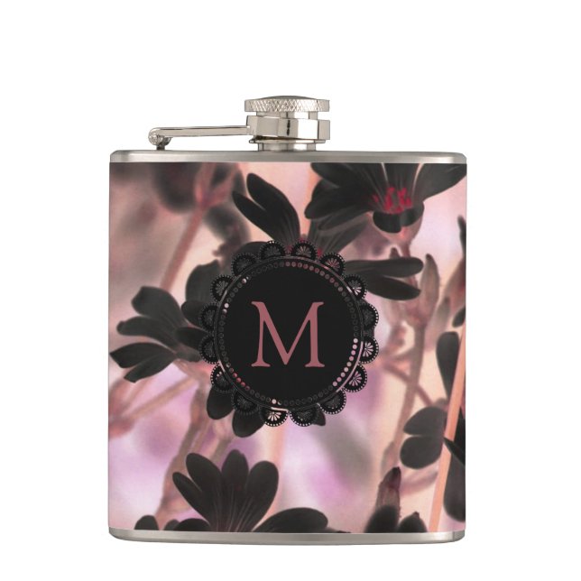 Elegant Monogram Purple Flowers Flask (Front)