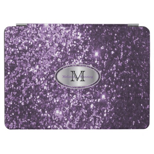 Elegant Monogram Purple Glitter and Silver iPad Air Cover