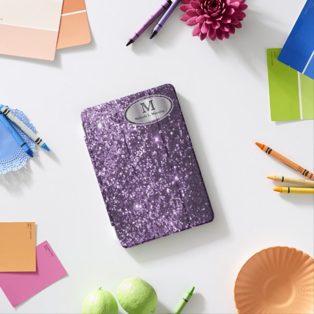 Elegant Monogram Purple Glitter and Silver iPad Mini Cover (In Situ)