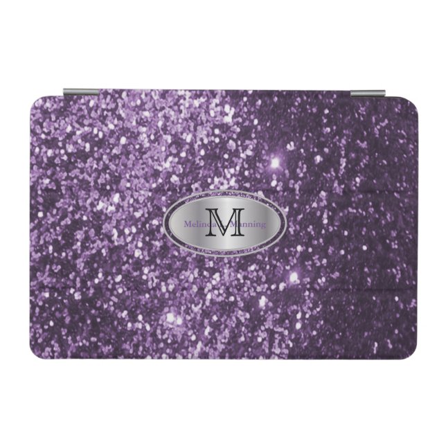 Elegant Monogram Purple Glitter and Silver iPad Mini Cover (Horizontal)